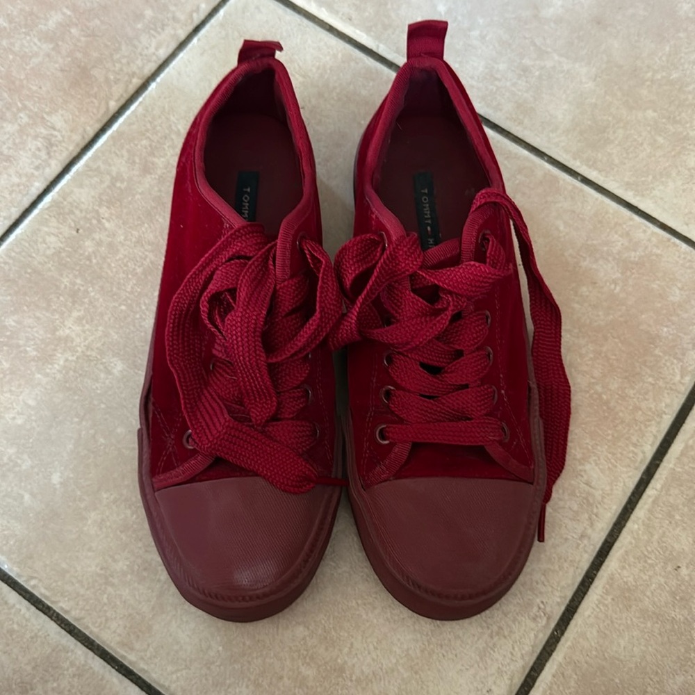 Tommy Hilfiger red velvet canvas sneakers